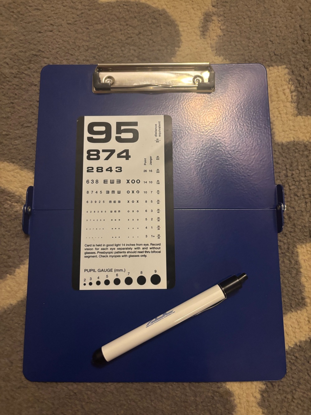 Blue Metal Clipboard,penlight, eye exam chart
